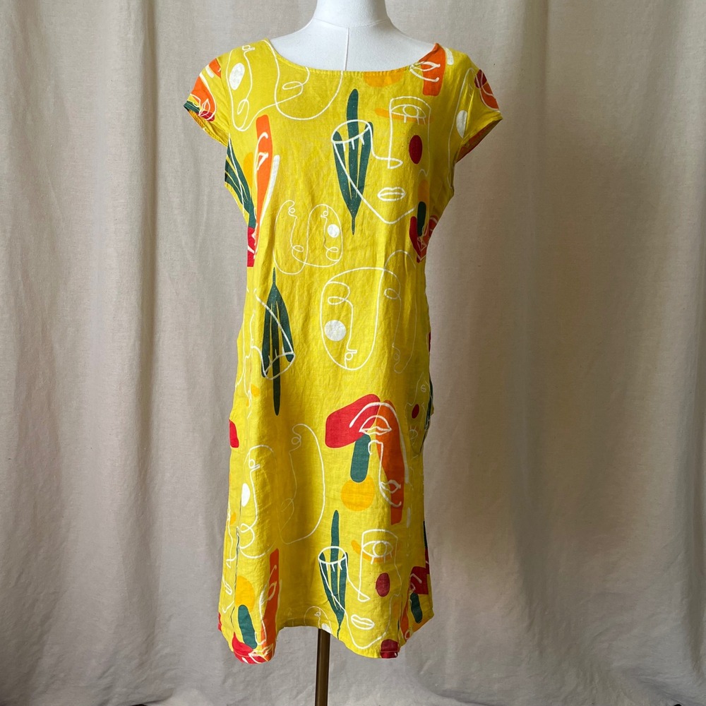 Super Belle Italy Yellow Linen Abstract Face Print Dress Pockets M
